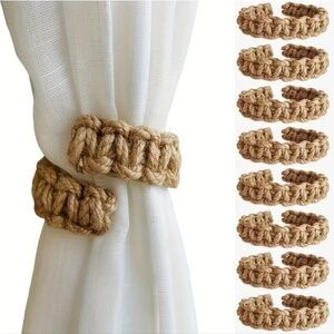 Boho Natural Jute Curtain Tiebacks – Rustic Farmhouse Rope Holdbacks (Set of 8)
